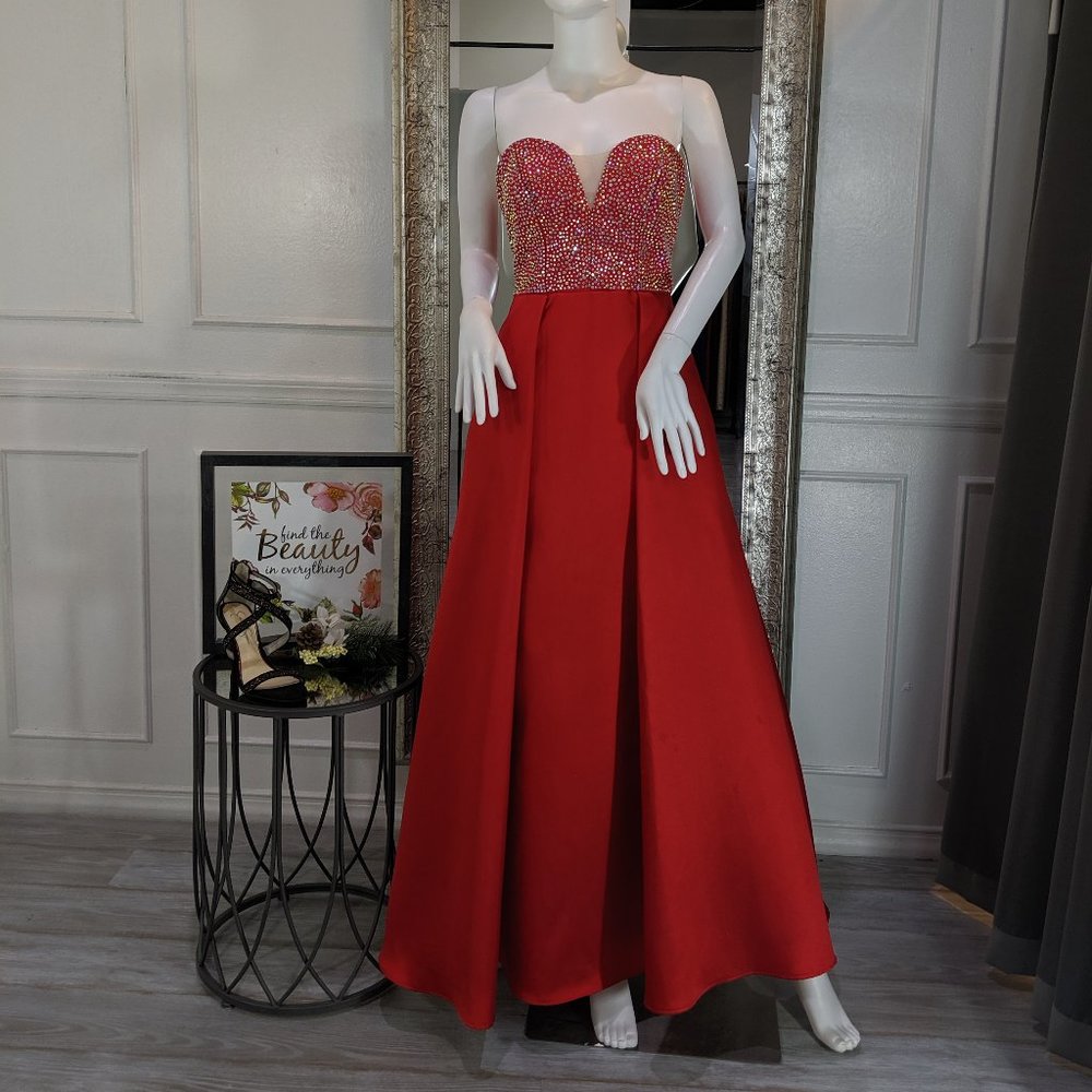 Red Strapless Formal Evening Prom Dress Gown